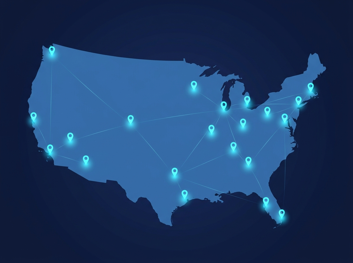 Map of the United States showing warehouse network locations