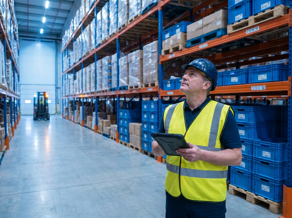 Warehouse operator with a tablet in an aisle of racked inventory