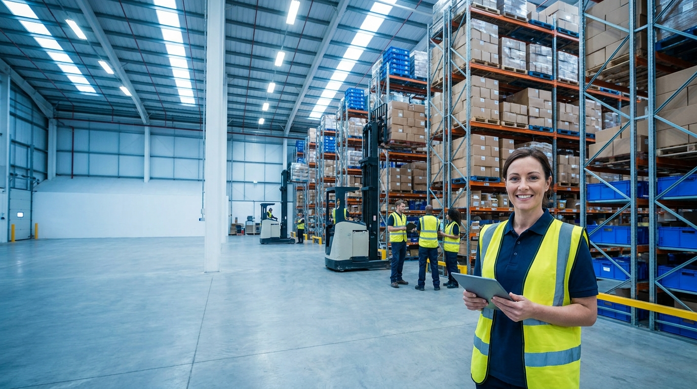 Warehouse operations manager and team working among tall racks of inventory