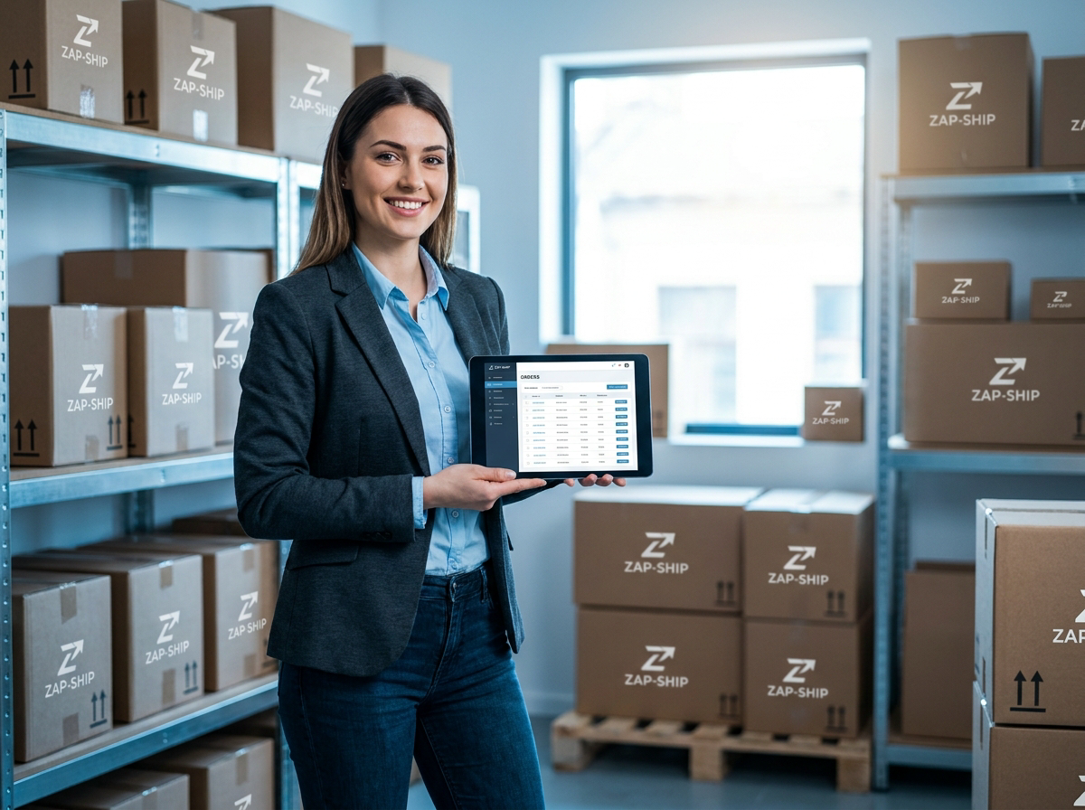 E-commerce seller reviewing online orders on a tablet beside shipping boxes