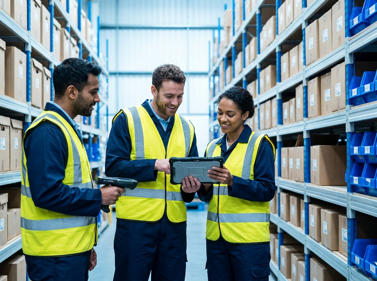 Fulfillment team collaborating in a warehouse aisle