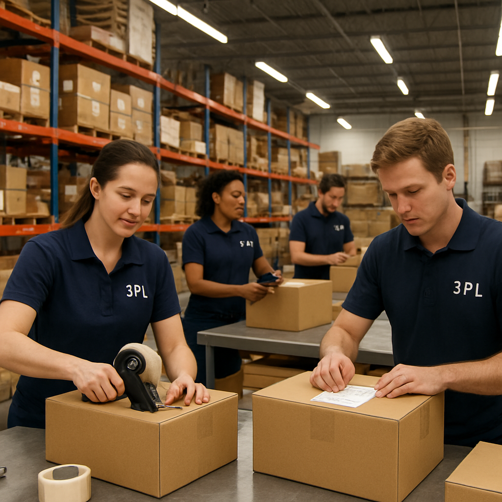 Fulfillment team packing customer orders at a 3PL packing station